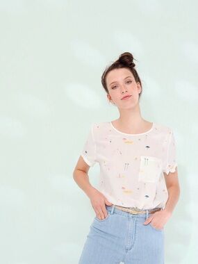 Light Cream Short-Sleeve Printed Pocket Blouse